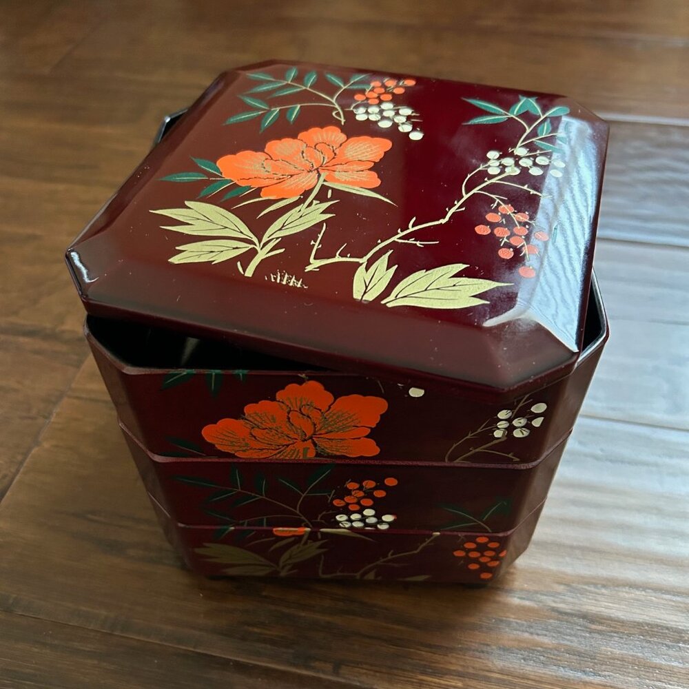 Japanese Jubako laquer candy dish jewelry box bento boxes 3 tier with lid - Picture 4 of 4